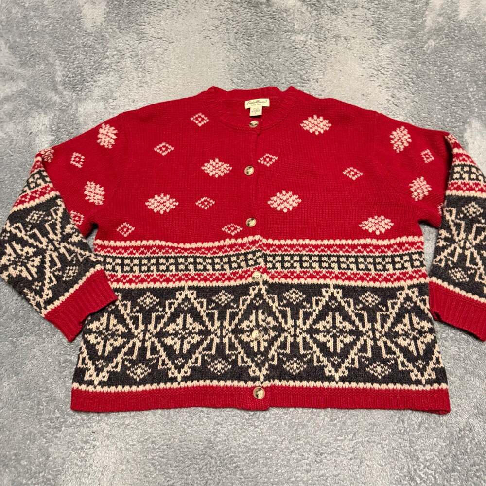 Vintage Eddie Bauer Sweater Womens XL Red Fair Isle Wool Alpaca Cardigan
